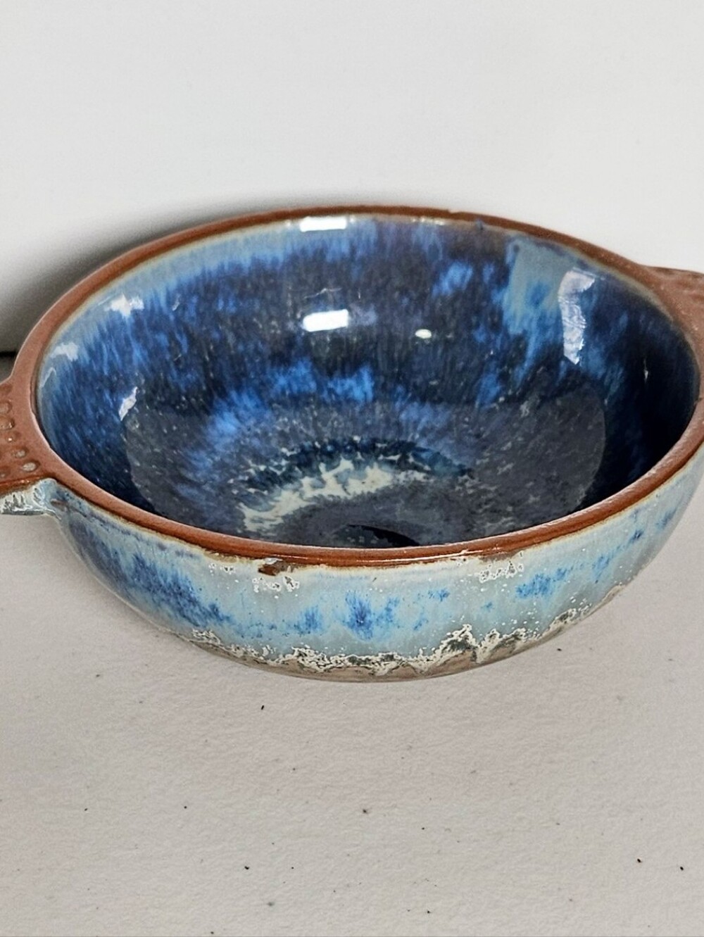 Rustic Glazed Small Pottery Bowl Dbl Handle Hand Made Blue Glaze
